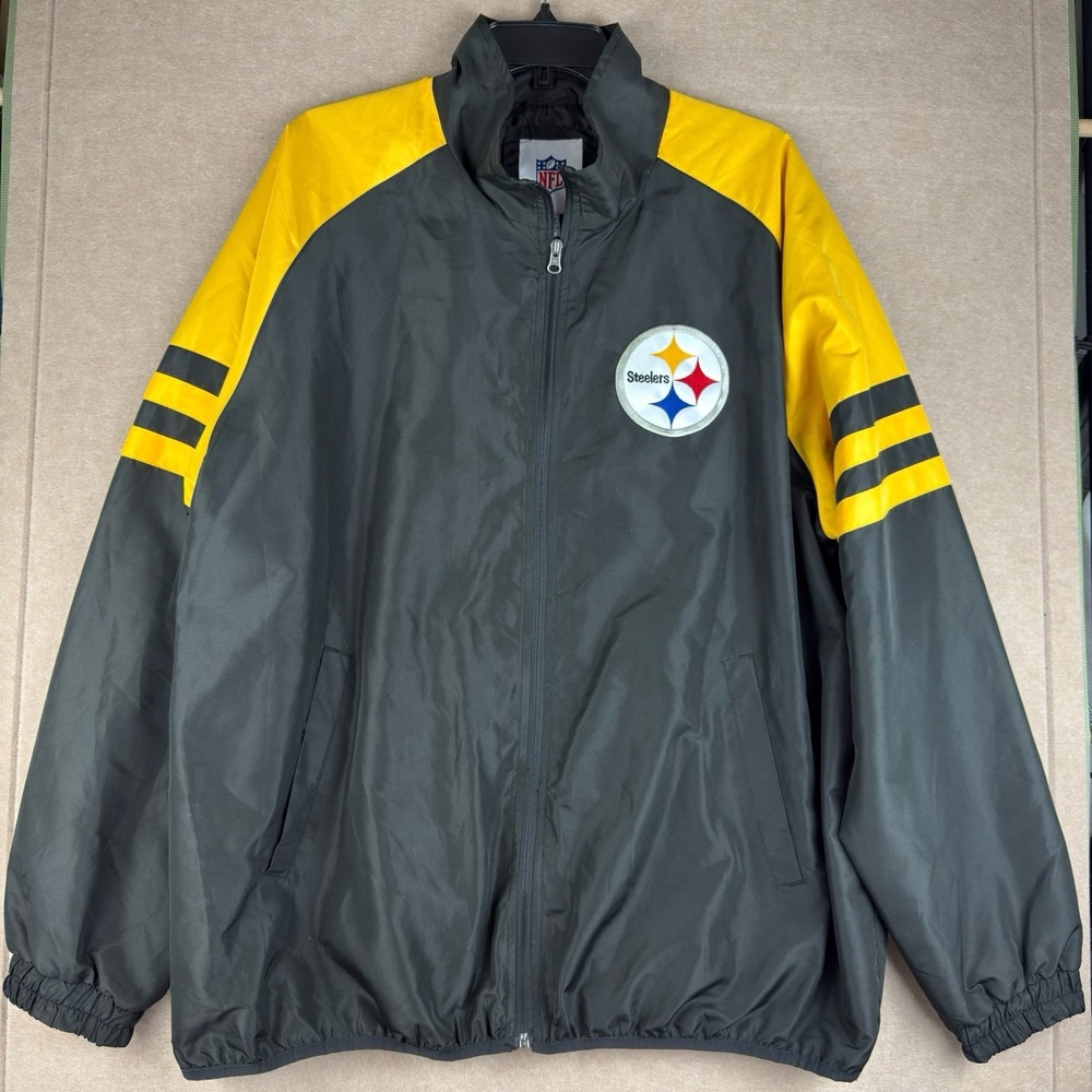 NFL Steelers Windbreaker‎ Men XL Black Yellow Jacket Embroidered Logo Full Zip